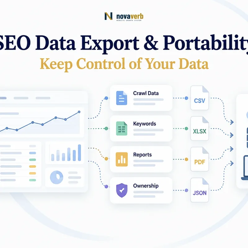 SEO software data flows from a workspace into portable CSV, XLSX, PDF, and JSON exports with ownership preserved