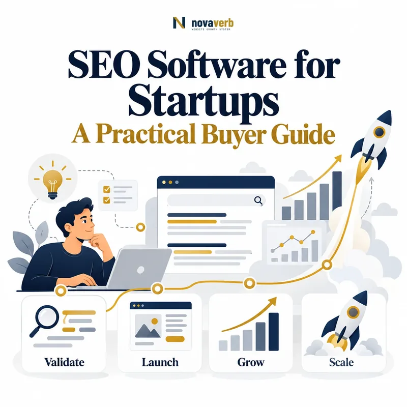 SEO software for startups journey showing validate, launch, grow and scale stages