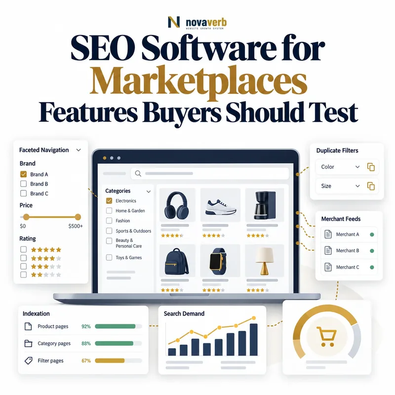 SEO software for marketplaces showing product and category pages, faceted navigation, duplicate filters, merchant feeds, indexation, and search demand