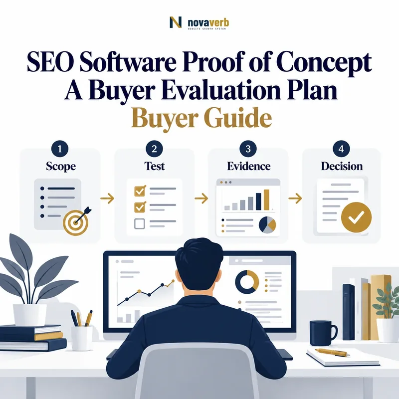 SEO software proof of concept buyer evaluation plan showing scope, test, evidence, and decision steps