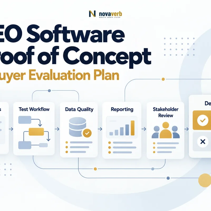 An SEO software proof of concept evaluation links use cases, test workflow, data quality, reporting, and stakeholder review to a decision