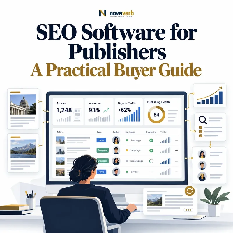 SEO software for publishers showing article inventory, news and evergreen content, author workflow, freshness, indexation, traffic, and publishing health