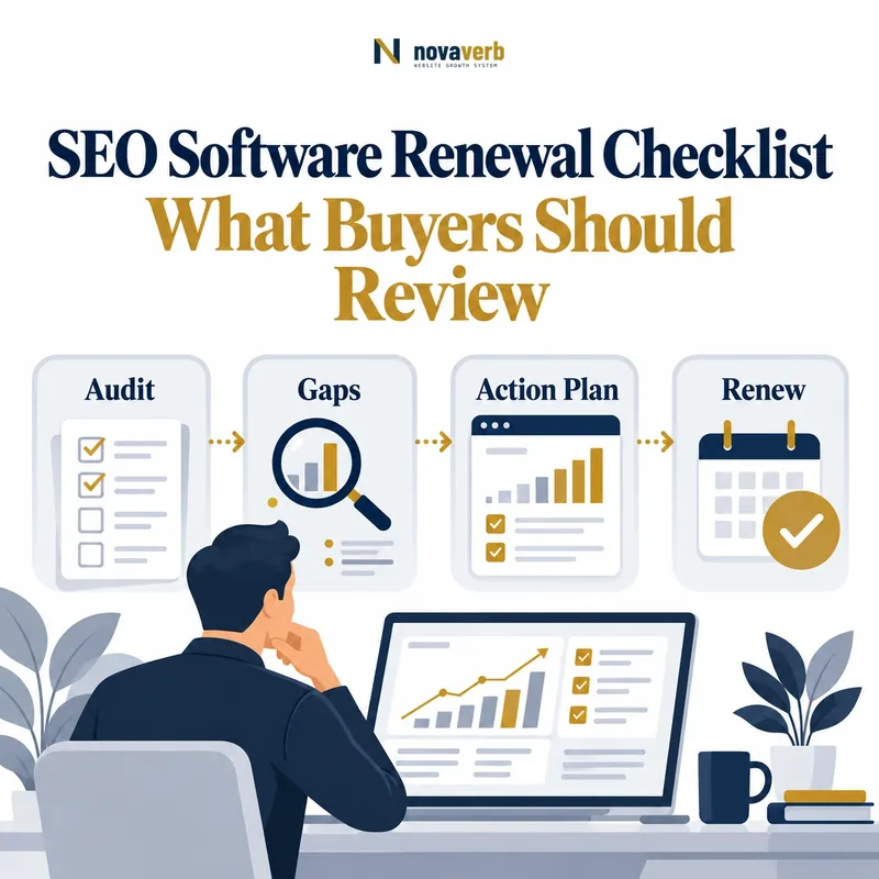 SEO software renewal checklist showing audit, gaps, action plan and renew stages