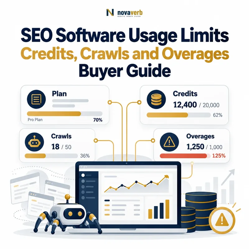 SEO software usage limits dashboard showing plan, credits, crawls and overages