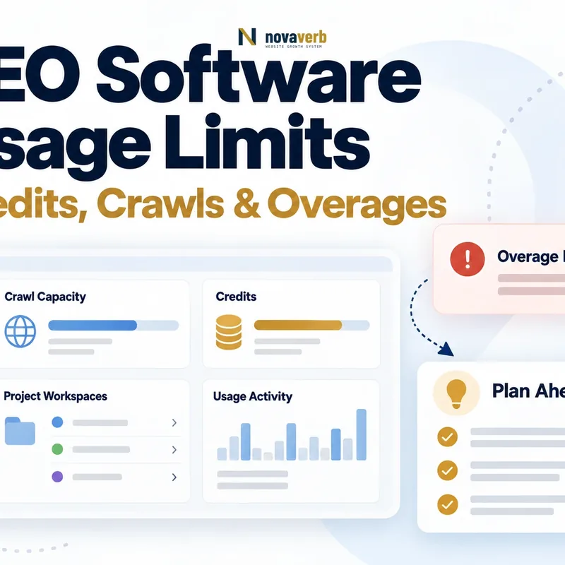 An SEO software usage dashboard shows crawl capacity, credits, project workspaces, and an overage alert with planning guidance