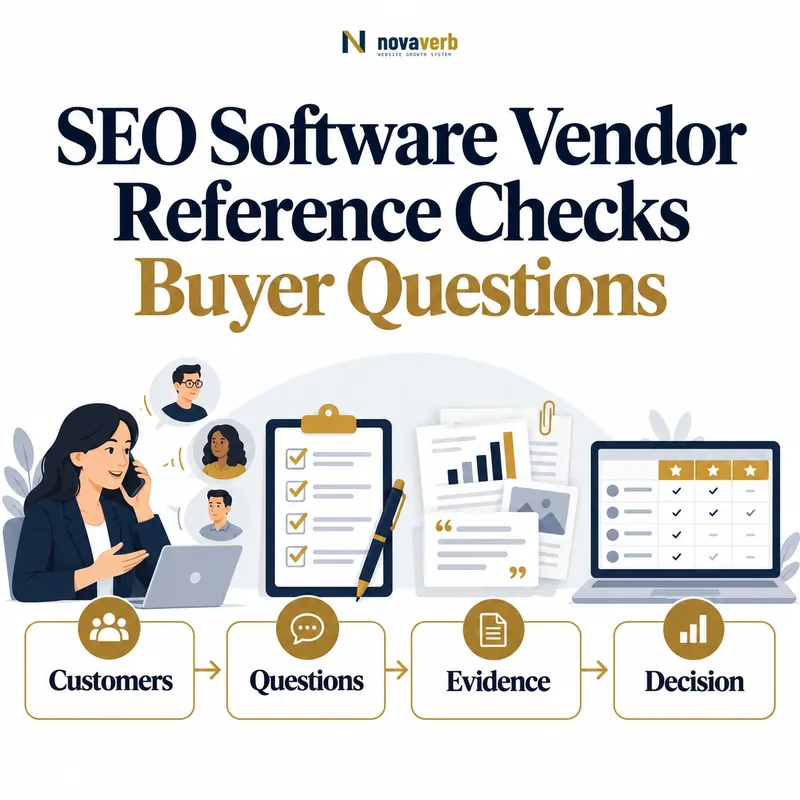 SEO software vendor reference check flow showing customers, questions, evidence and decision