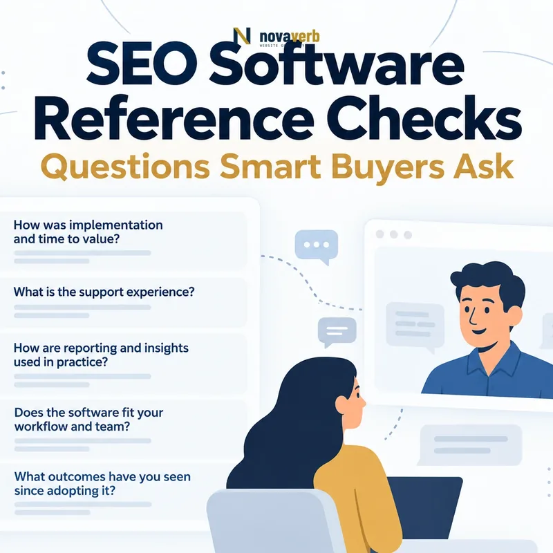 A buyer reference checklist covers implementation, support, reporting, workflow fit, and outcomes during an SEO software vendor call