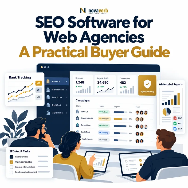 SEO software for web agencies showing multiple client workspaces, campaign status, team assignments, rank tracking, audit tasks, and white-label reports
