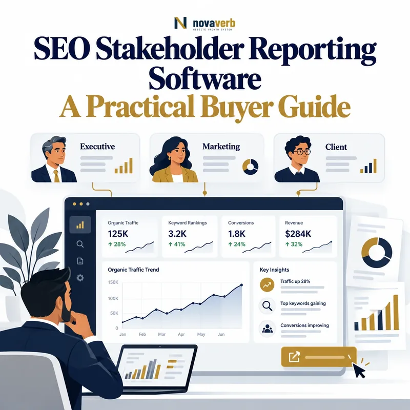SEO stakeholder reporting software dashboard with executive, marketing, and client views, KPIs, insights, and exports