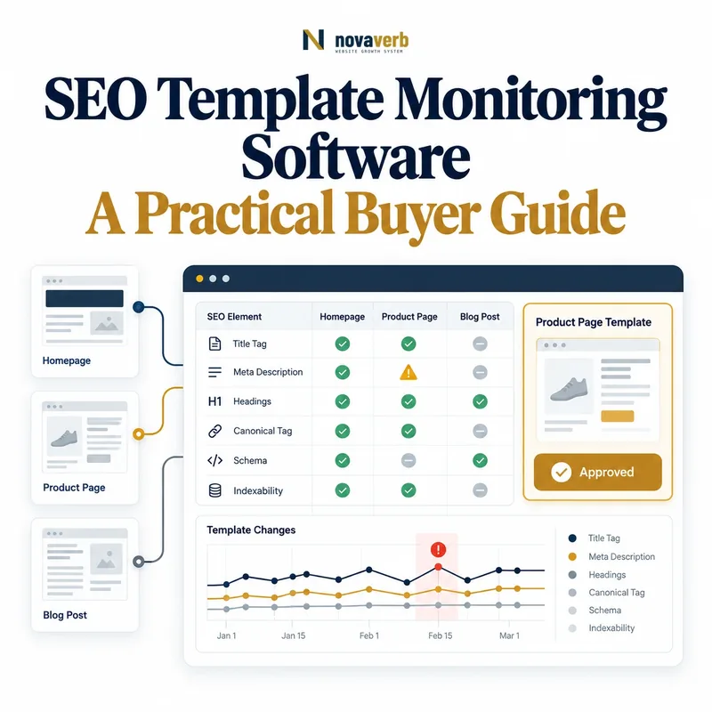 SEO template monitoring software comparing homepage, product, and blog templates for titles, metadata, headings, canonicals, schema, and indexability