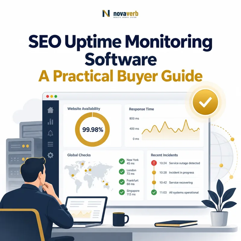 SEO uptime monitoring software showing availability percentage, response time, global checks, and incident history