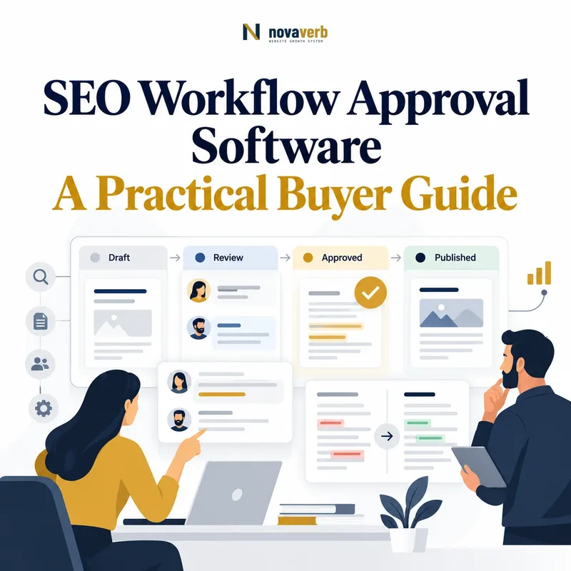SEO workflow approval software board showing draft, review, approved, and published stages with comments and version comparison