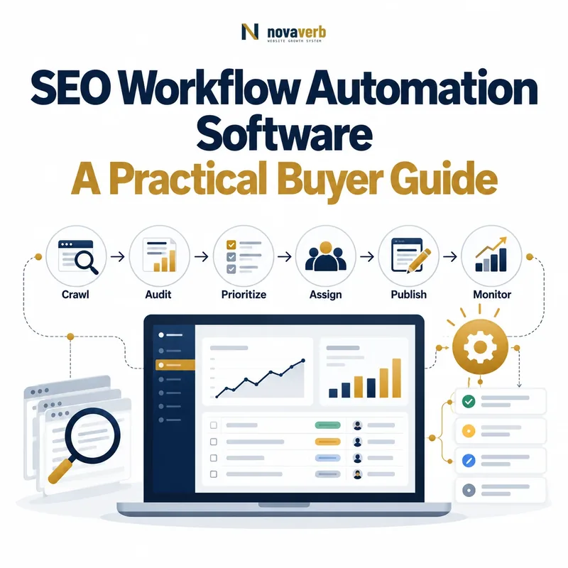 SEO workflow automation software showing crawl, audit, prioritization, assignment, publishing, monitoring, and automated task status