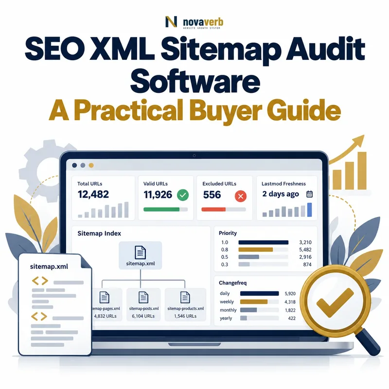 SEO XML sitemap audit software showing total, valid, excluded, and fresh URLs with sitemap index, priority, and change frequency