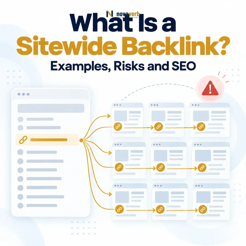 What Is a Sitewide Backlink? Diagram showing one link repeated across many pages with a risk warning