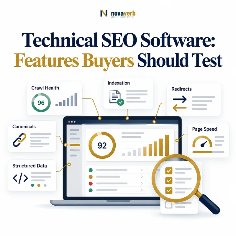 Technical SEO software showing crawl health, indexation, redirects, canonicals, structured data, and page speed checks