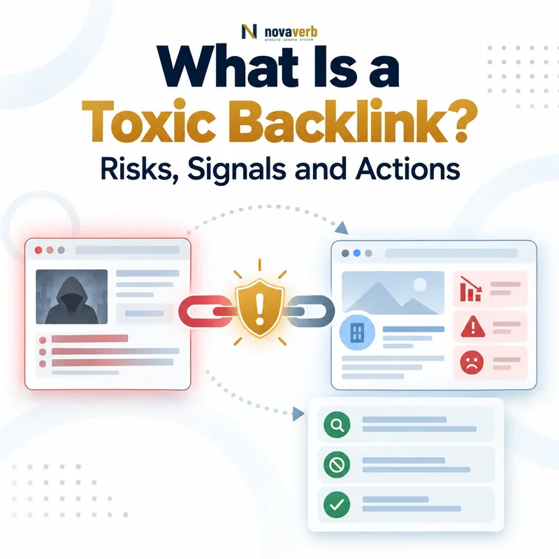 What Is a Toxic Backlink? Diagram showing a harmful link source, warning shield, and risk signals on a target site