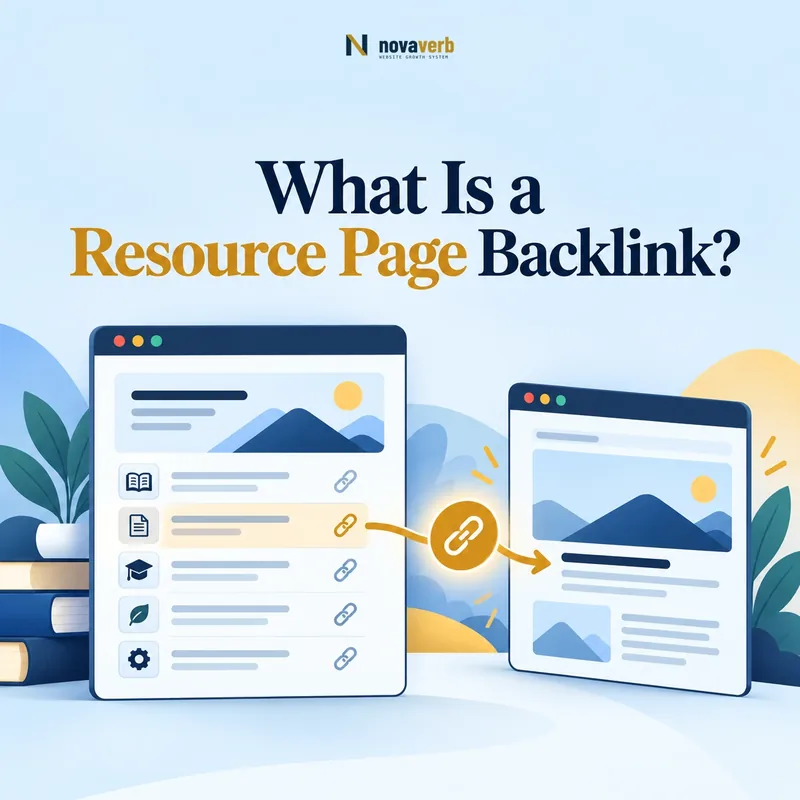 Resource page backlink concept showing a curated resource page linking to a destination website