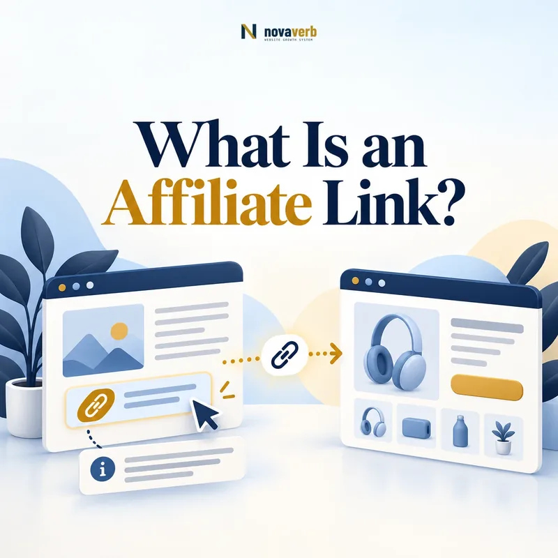 Affiliate link flow showing a publisher page, tracked referral path, merchant destination, and disclosure cue