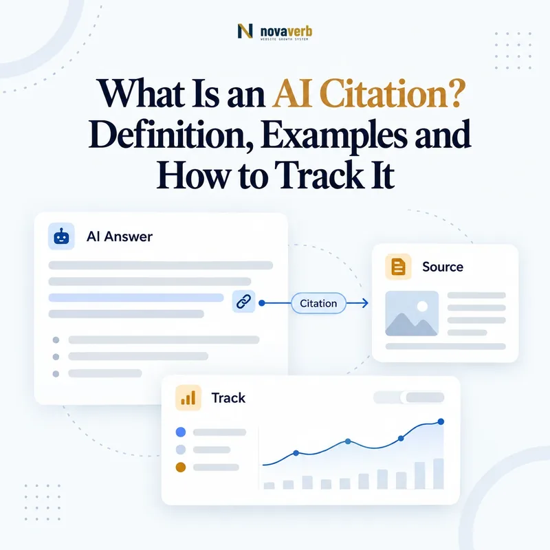 AI answer connected to a source card with a citation marker and tracking chart