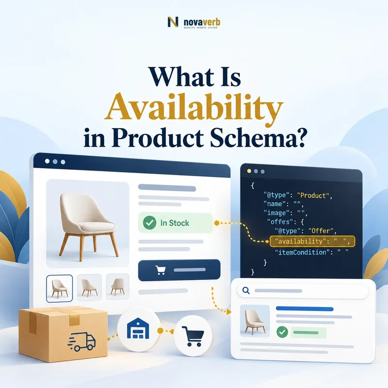 Availability in Product schema concept showing a product listing, stock status, structured markup, and search discovery