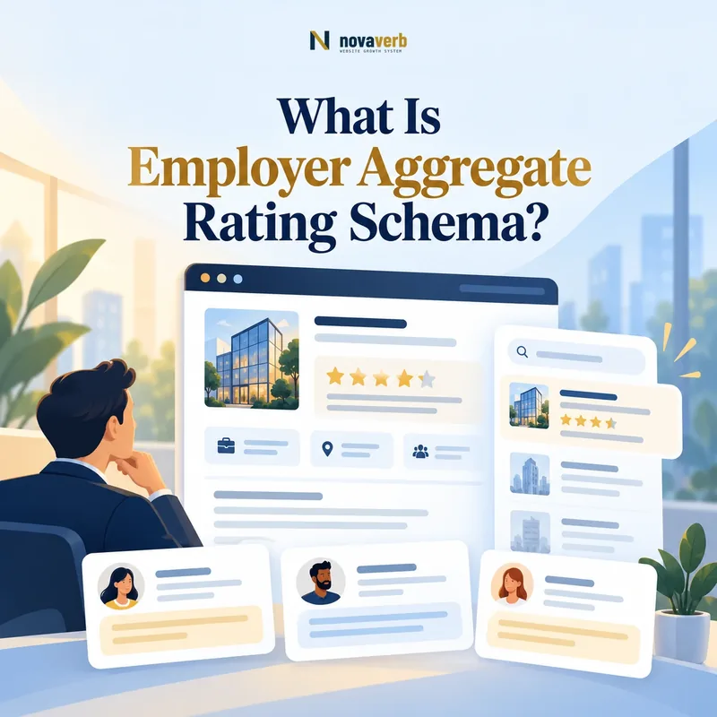 Employer aggregate rating schema concept showing an employer profile, employee feedback, and structured review fields