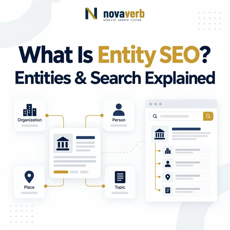 What Is Entity SEO? diagram showing an entity connected to organization, person, place and topic relationships