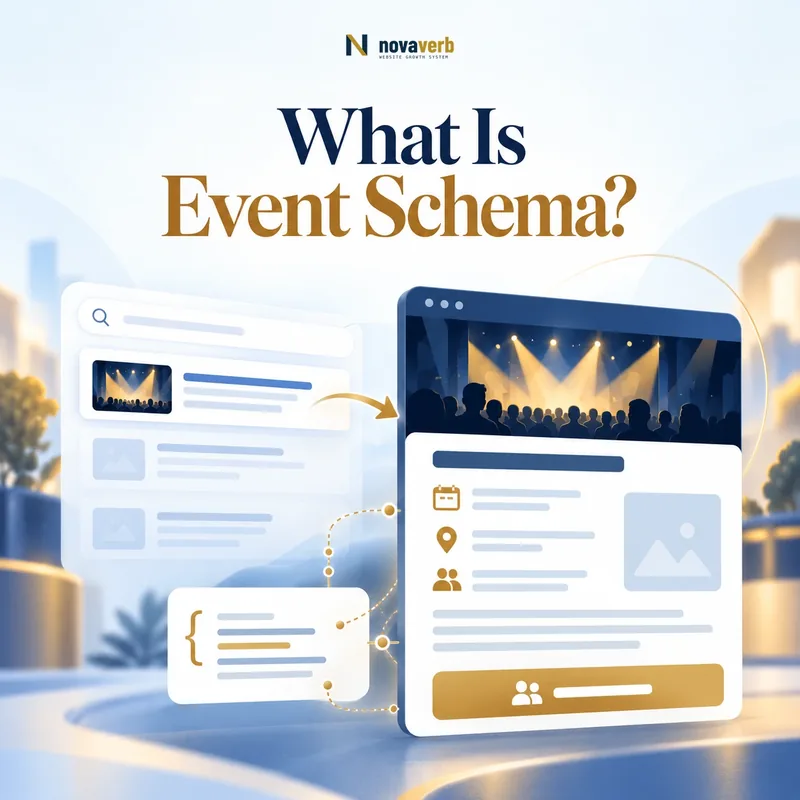 Event schema concept showing an event page with structured title, location, organizer, and attendance fields