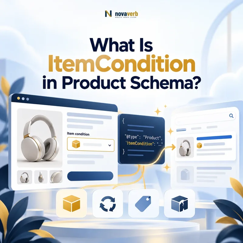 ItemCondition in Product schema concept showing a product listing with a condition field, structured markup, and search discovery
