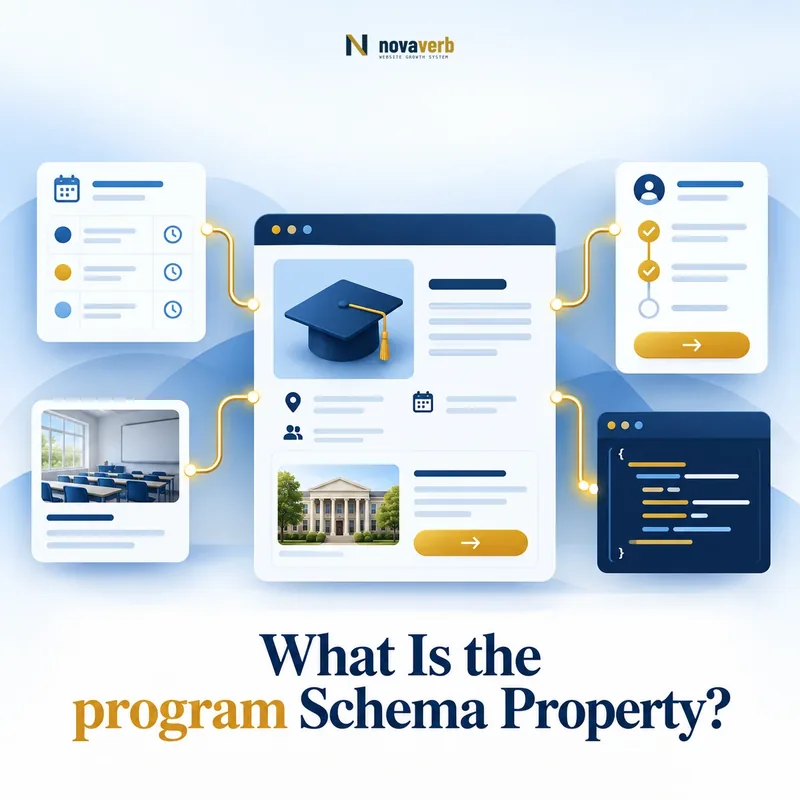 program schema property shown as a structured program page connected to schedule, location, registration, and organization details