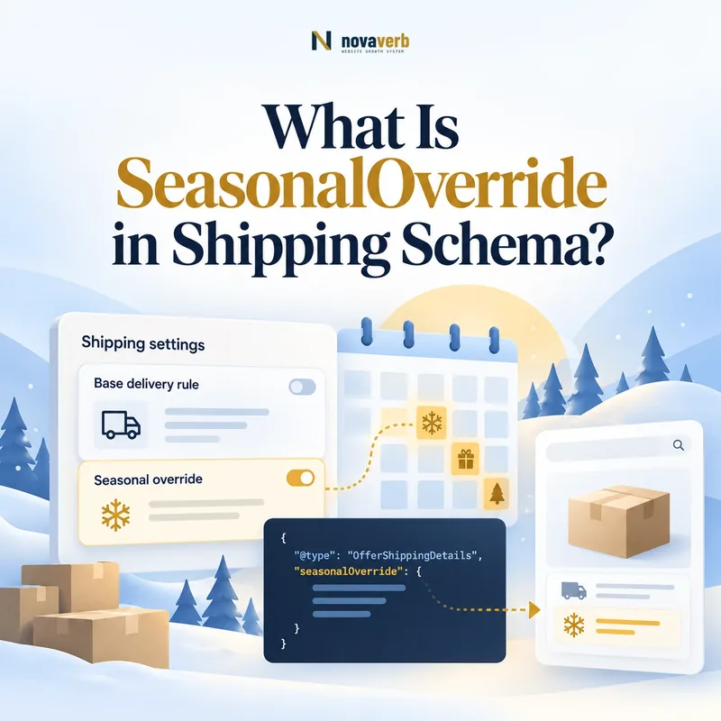 SeasonalOverride in Shipping schema concept showing a base delivery rule, seasonal override layer, and structured shipping markup