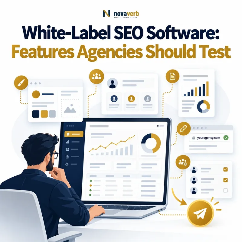 White-label SEO software showing custom branding, client portal, branded reports, domain settings, team permissions, dashboards, and delivery readiness