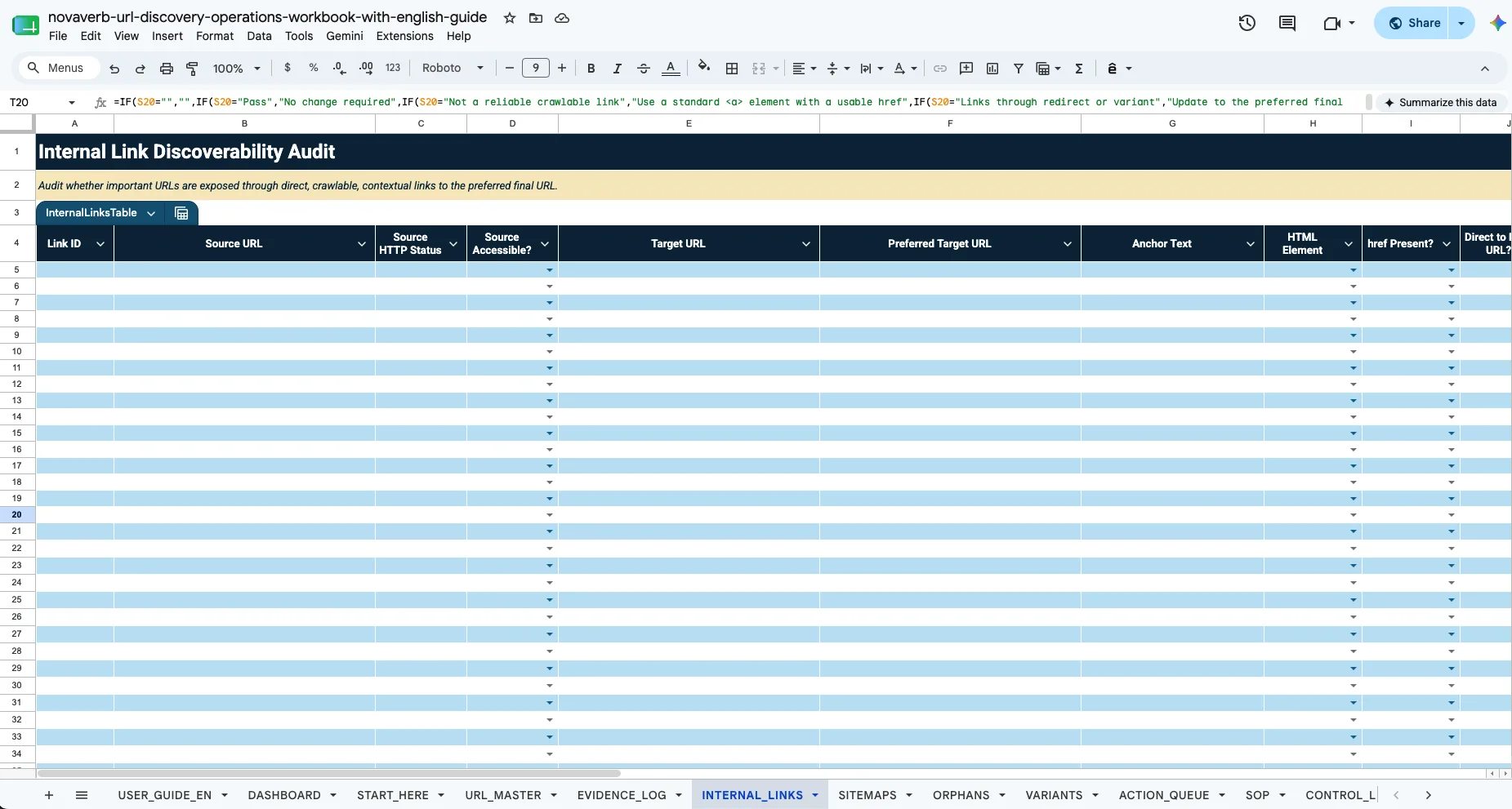Url Discovery Workbook Internal Links Internal Link Discoverability Audit checking anchor elements, href values, rendered DOM, redirects, and canonical targets